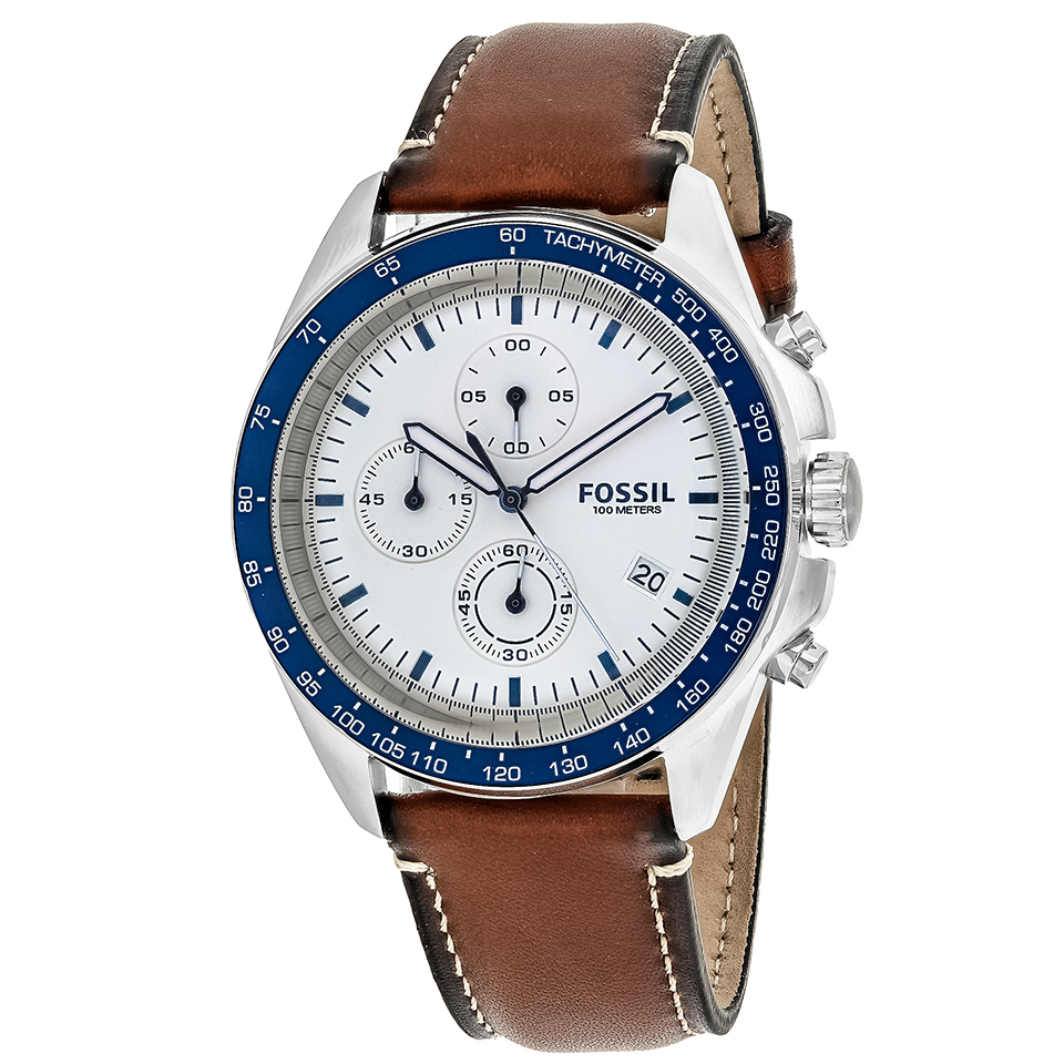 【男款】fossil sport 54 银色真皮表带防水石英男表 ch3029