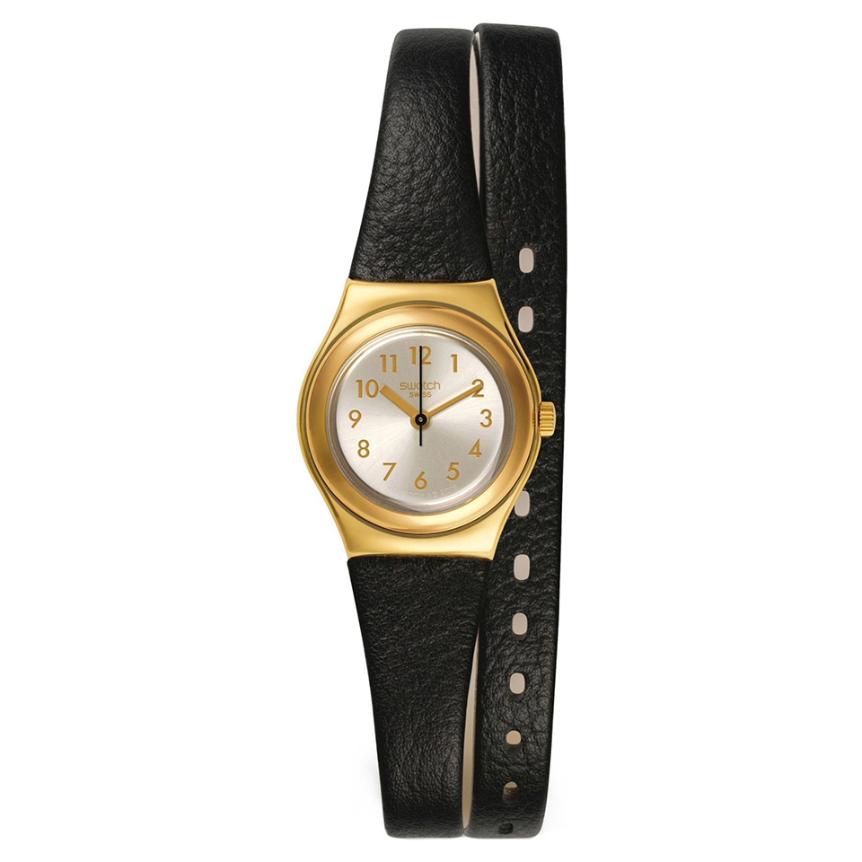 swatchirony银色表盘真皮表带防水石英女表ysg137